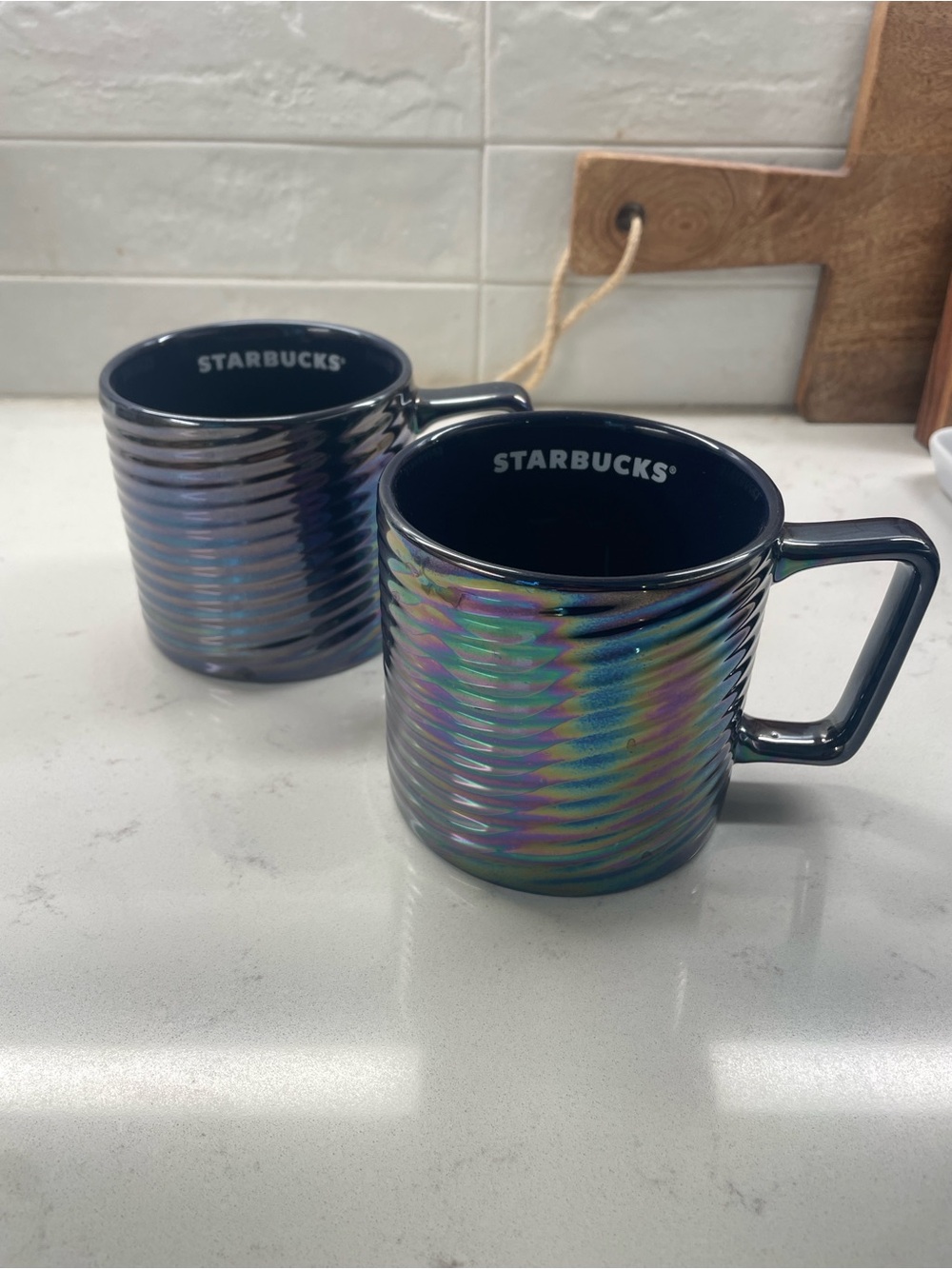 Starbucks Black Iridescent Ribbed Ceramic Mug - Rainbow Sheen